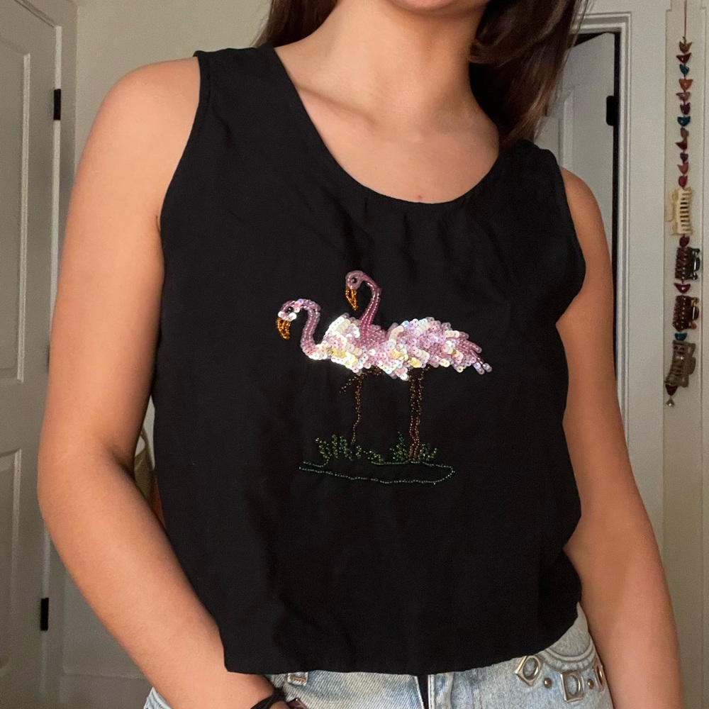 Black flamingo crop top